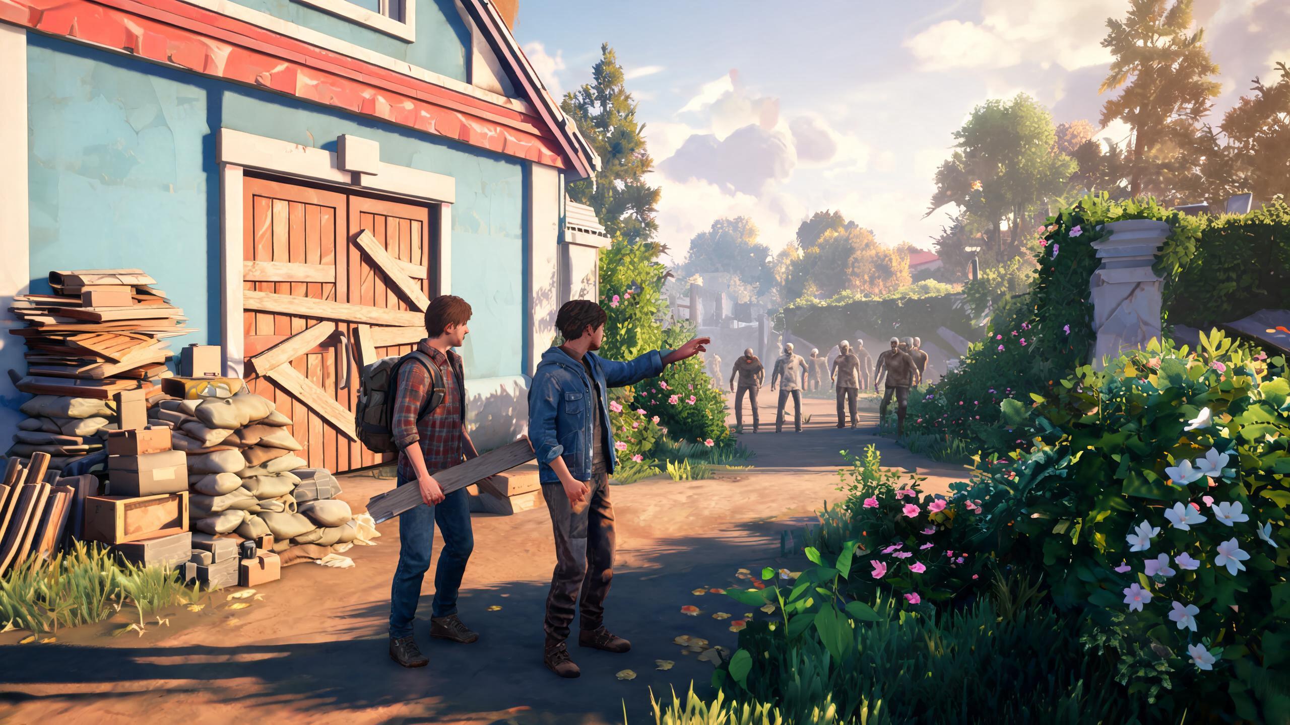 Original game-art scene showing choices in zombie games with in-game purchases