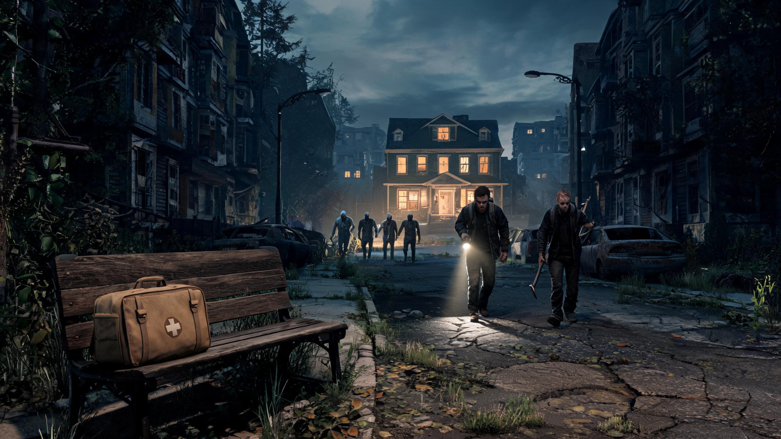 Original game-art scene showing a play session in zombie games with in-game purchases