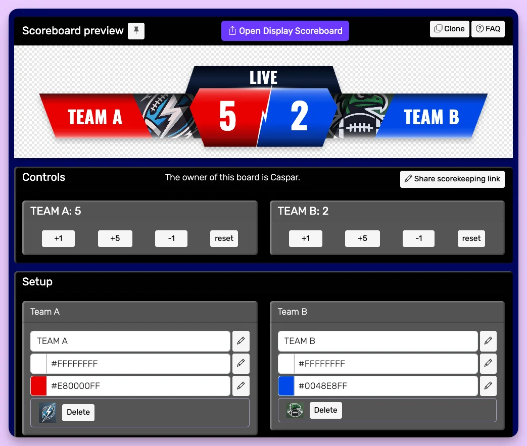 Interactive scorebug UI with dynamic controls