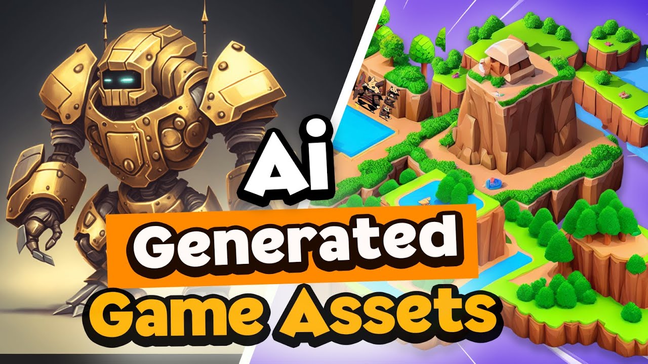 A mechanical robot stands prominently on one side, while the other side features a vibrant, stylized landscape with layered terrain, bodies of water, and a small building, highlighting AI-generated game assets.