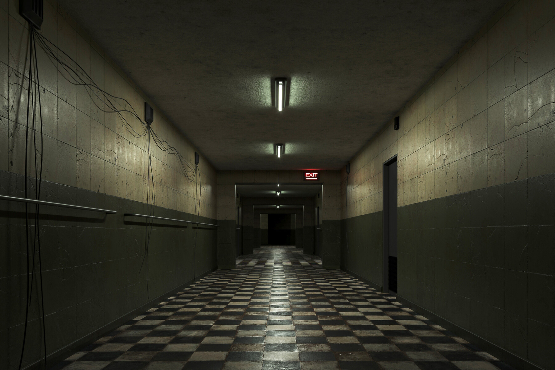 Dark horror corridor with shadowy figure