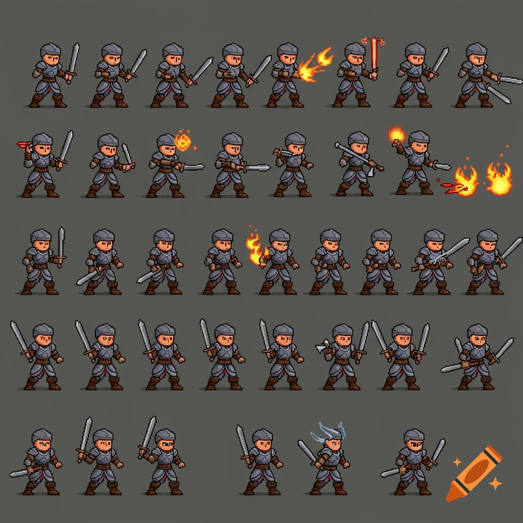 2D pixel sprite sheet with multiple character animations