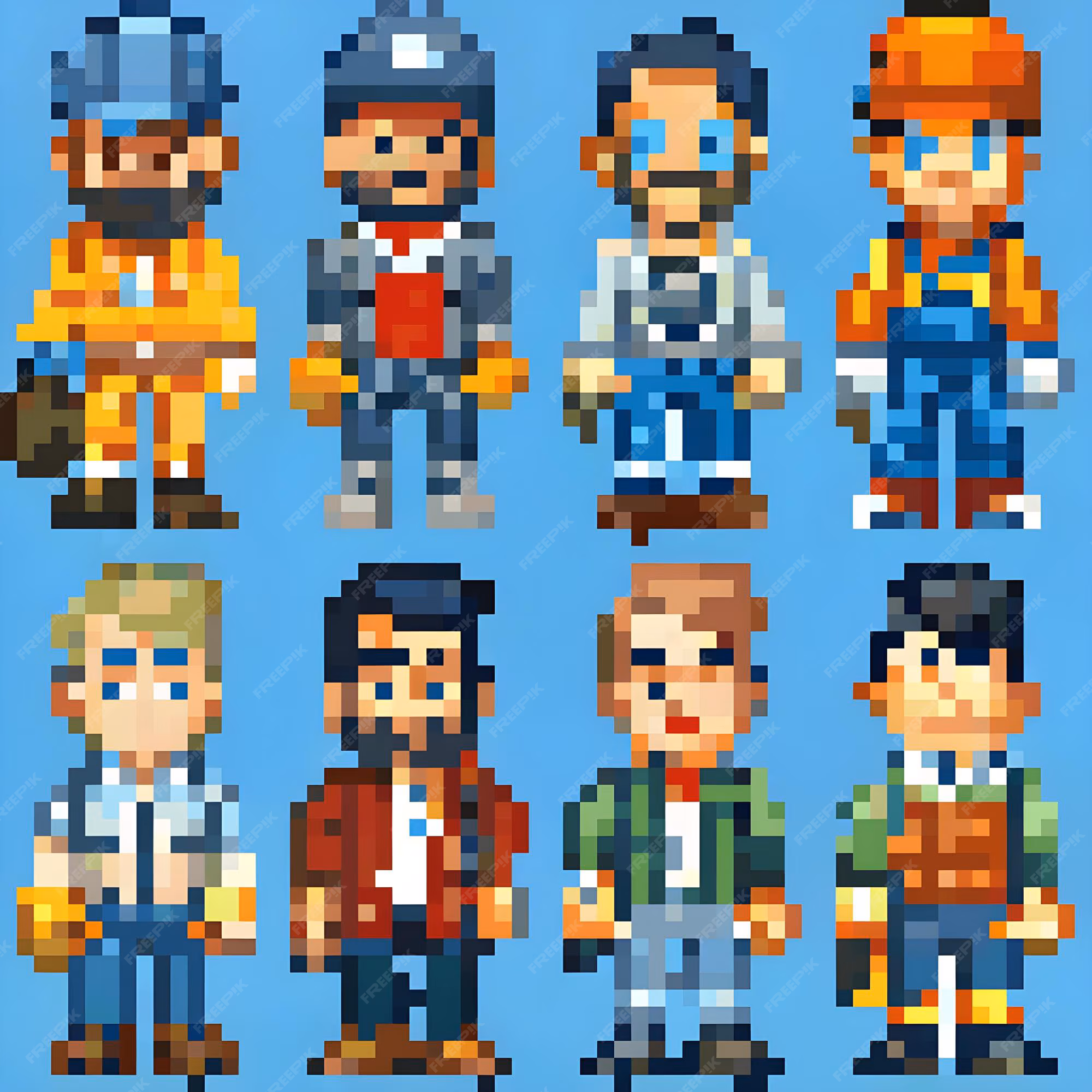 Pixel art game characters in various styles