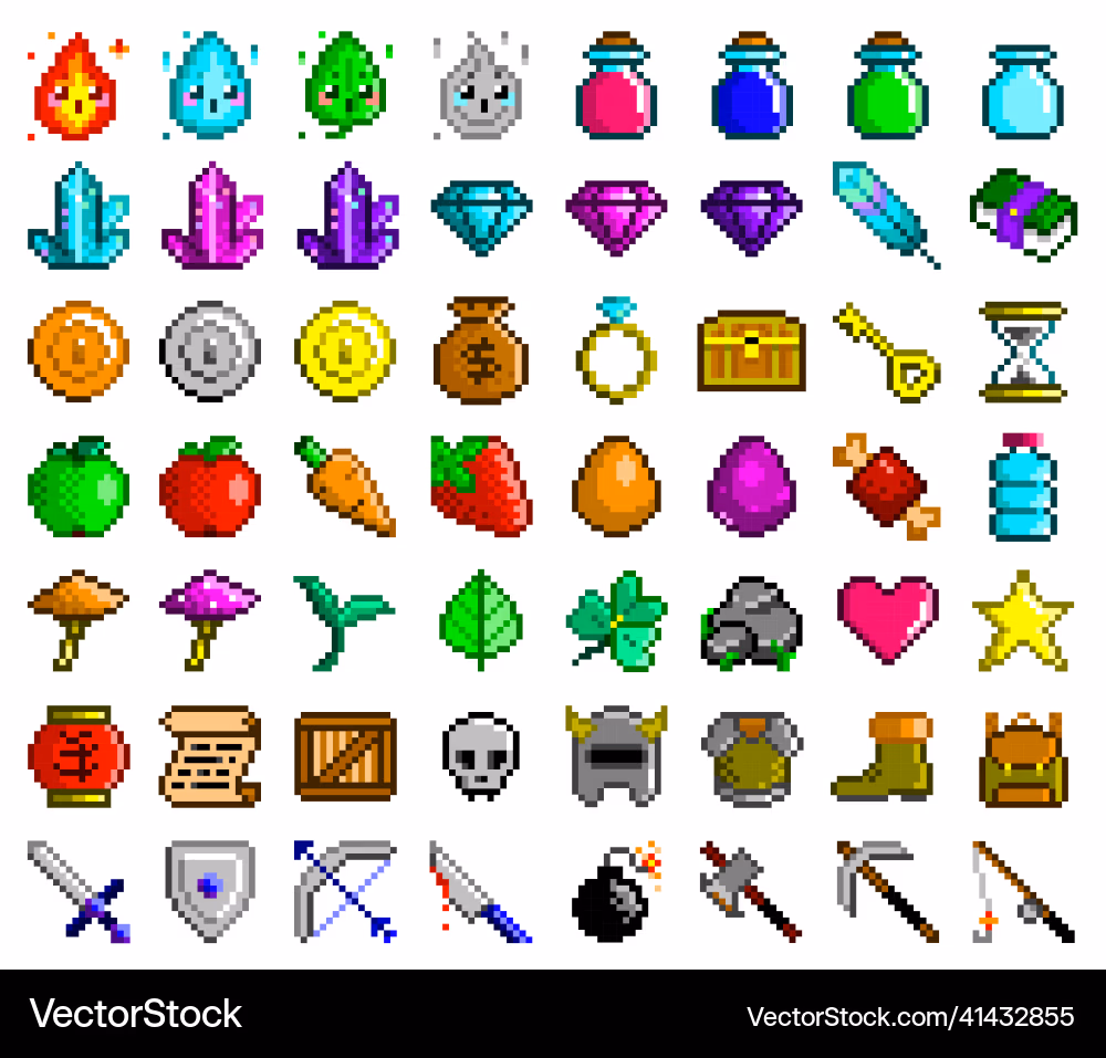 Collection of pixel art UI icons and game items