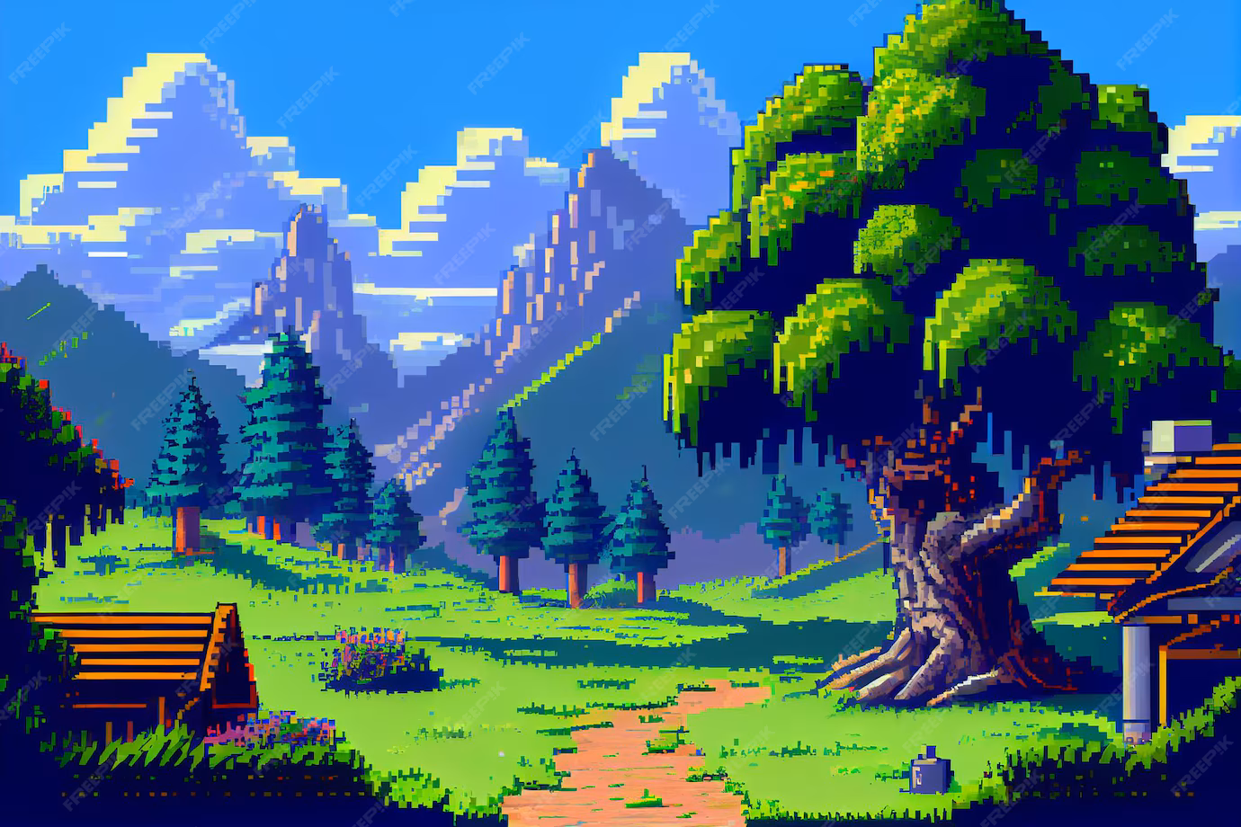 Pixel art game scene with environment tiles