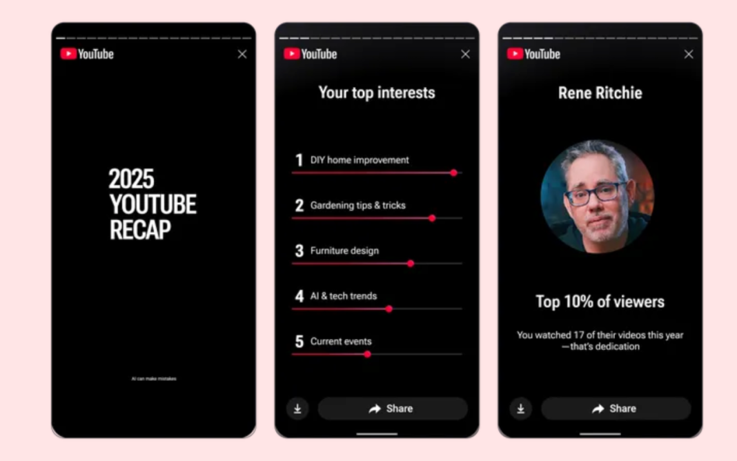 YouTube Recap 2025 featuring personalized story cards showing top interests and viewer profiles