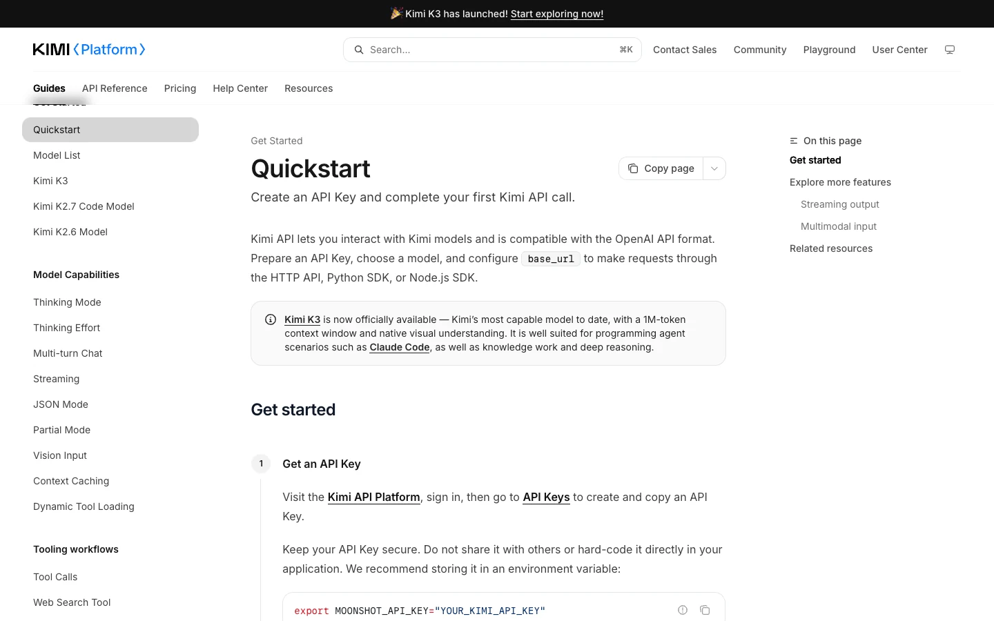 Kimi API Platform official quickstart page showing API setup and getting-started guidance