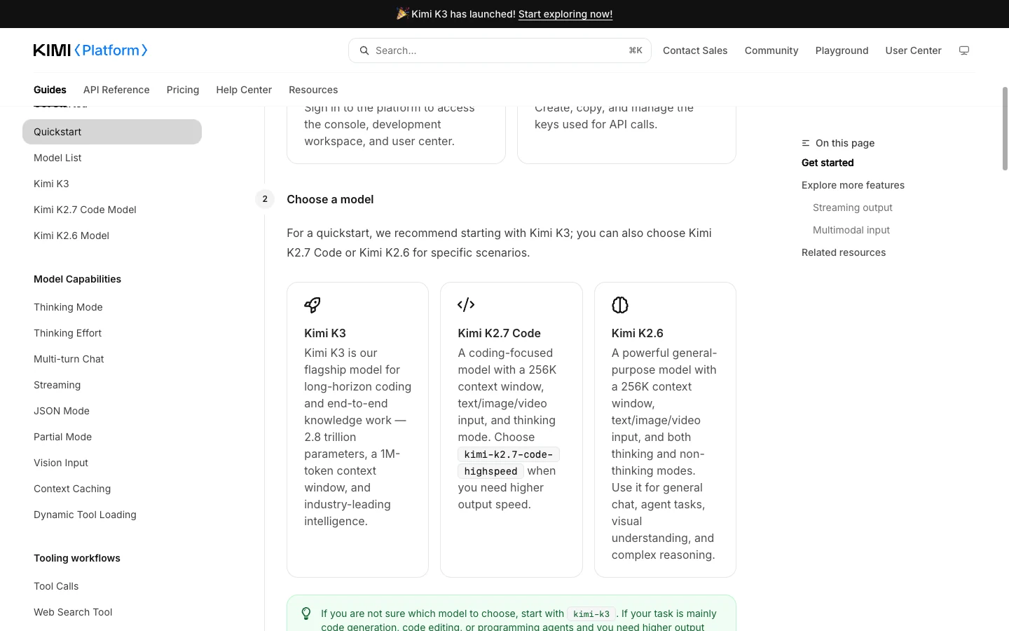 Kimi API official model documentation showing current model choices and workload guidance