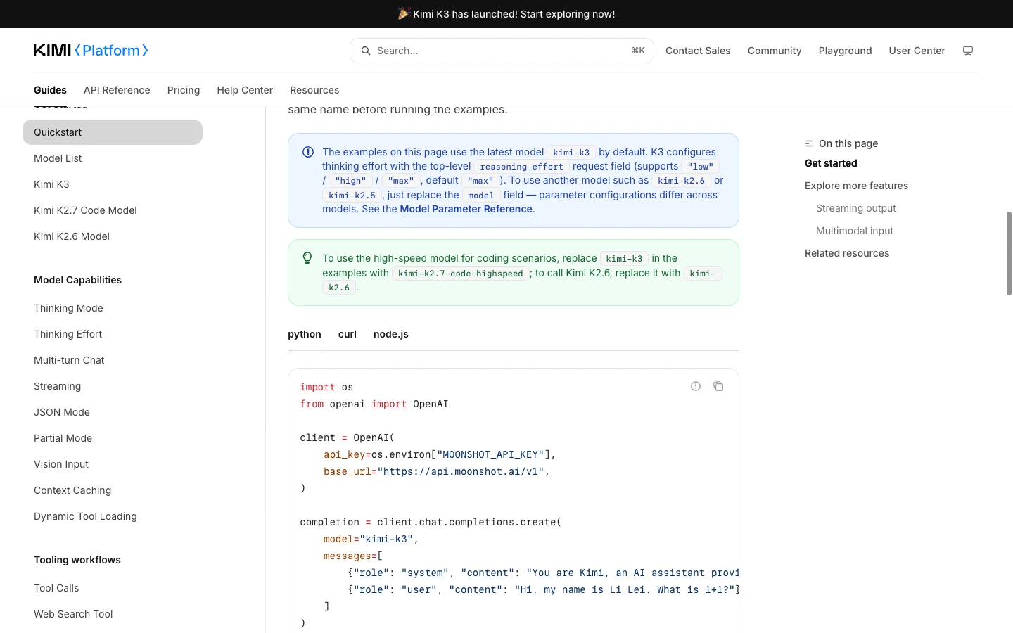 Kimi API official request example showing environment-based API key loading, base URL, and model selection