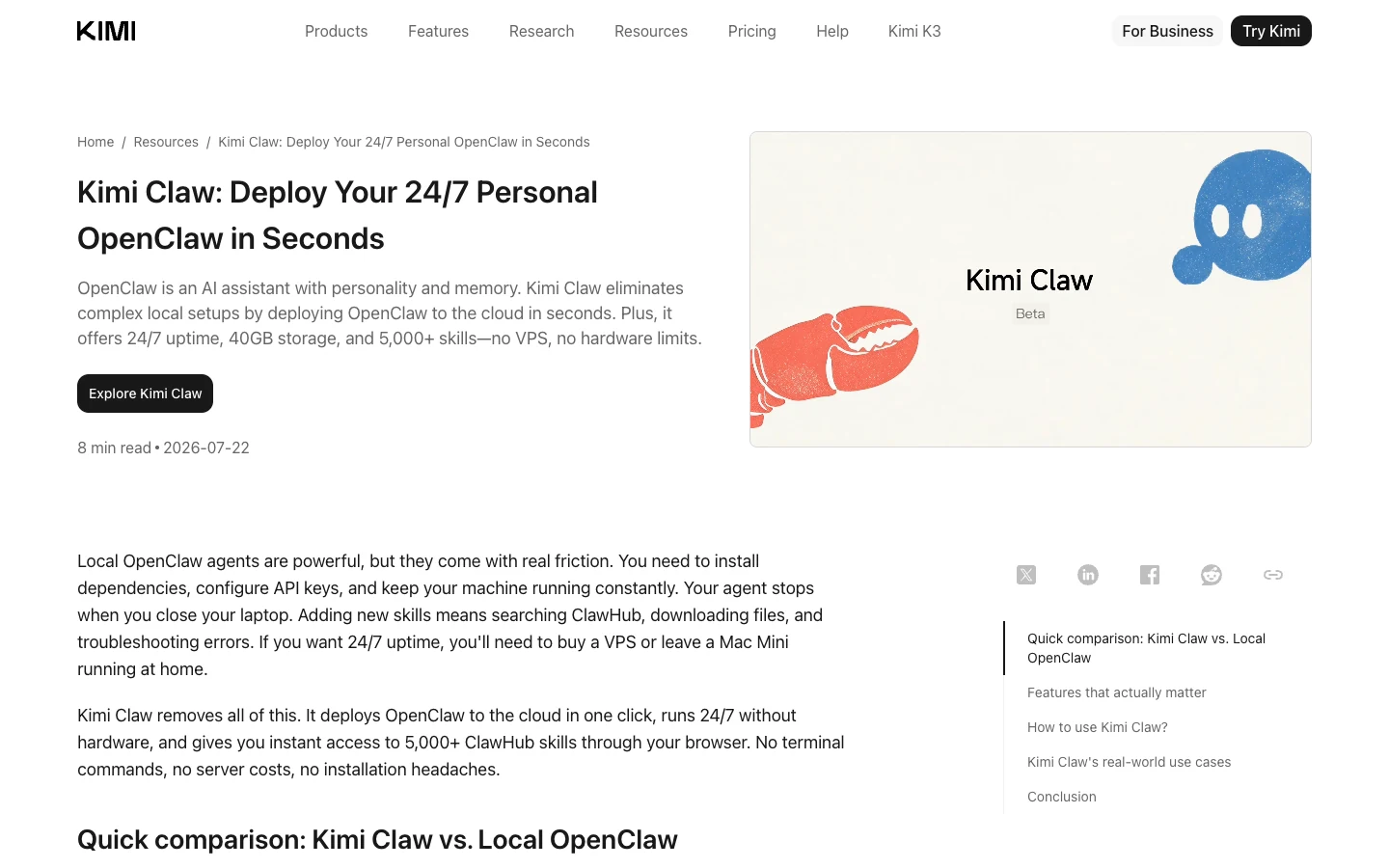 Kimi official Kimi Claw introduction page describing its managed cloud OpenClaw experience