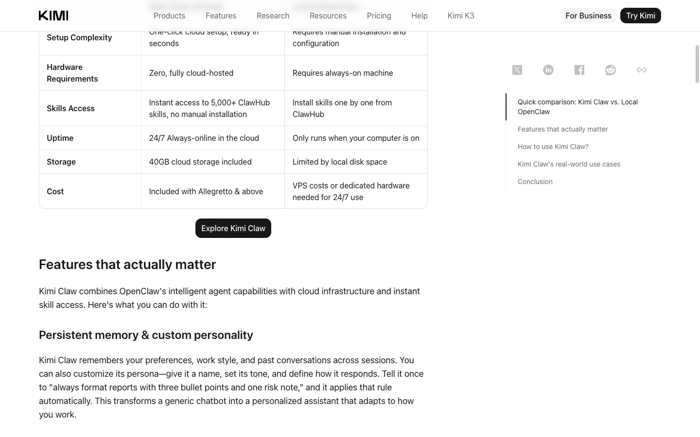 Kimi Claw official comparison of its hosted service with local OpenClaw