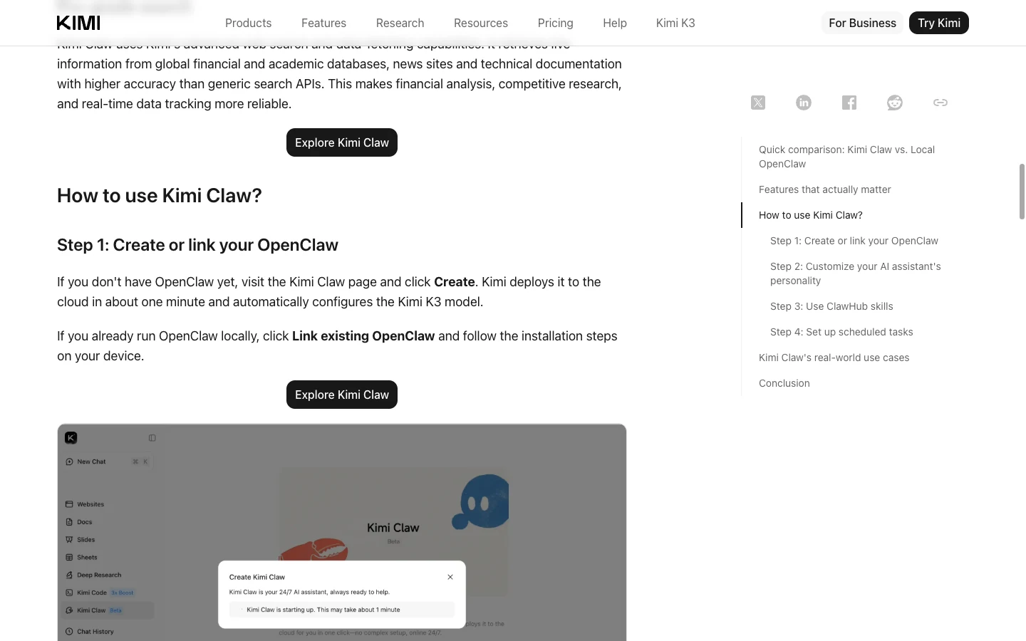 Kimi Claw official setup flow showing how users explore and start the managed service