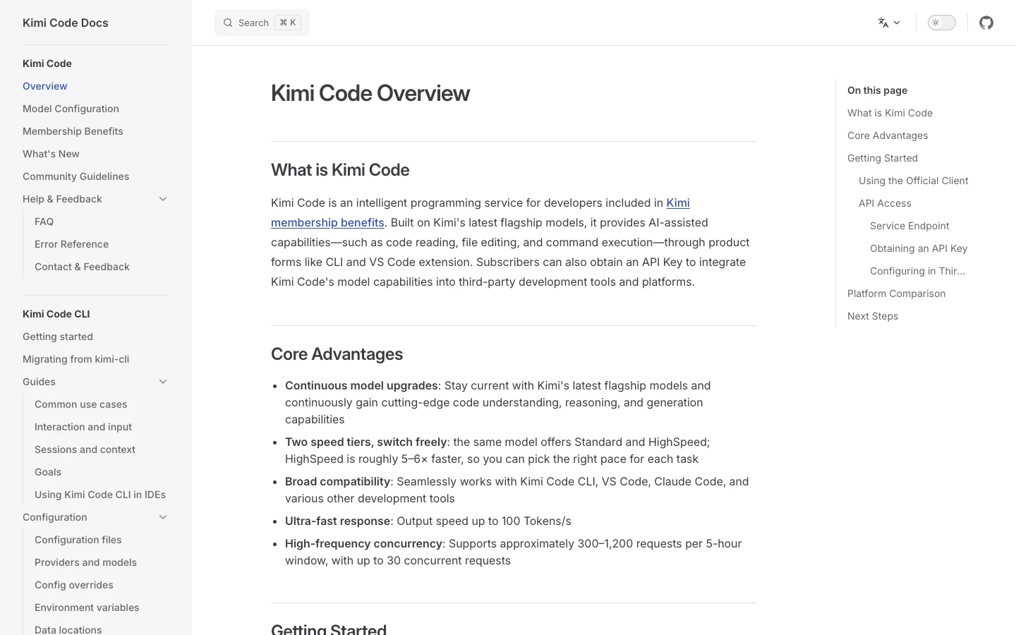Kimi Code official overview page describing its developer coding service and core capabilities