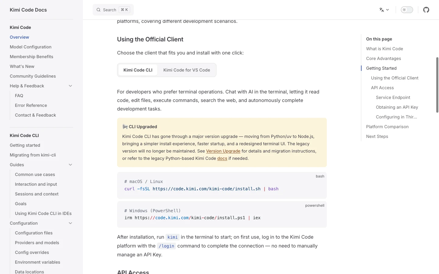 Kimi Code official documentation showing supported client and API access paths