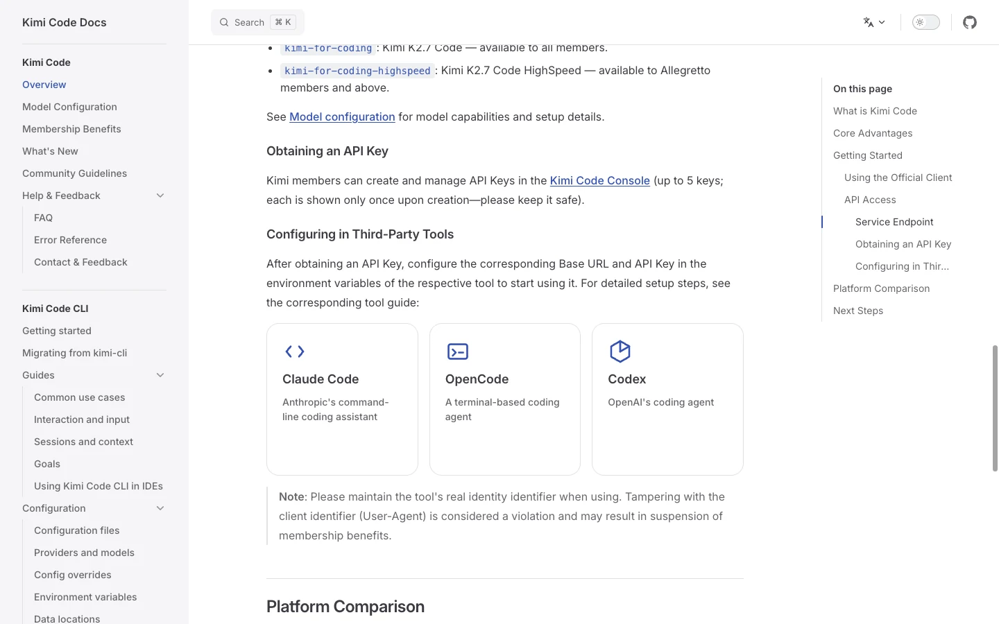 Kimi Code official documentation showing model, authentication, and development-tool compatibility information