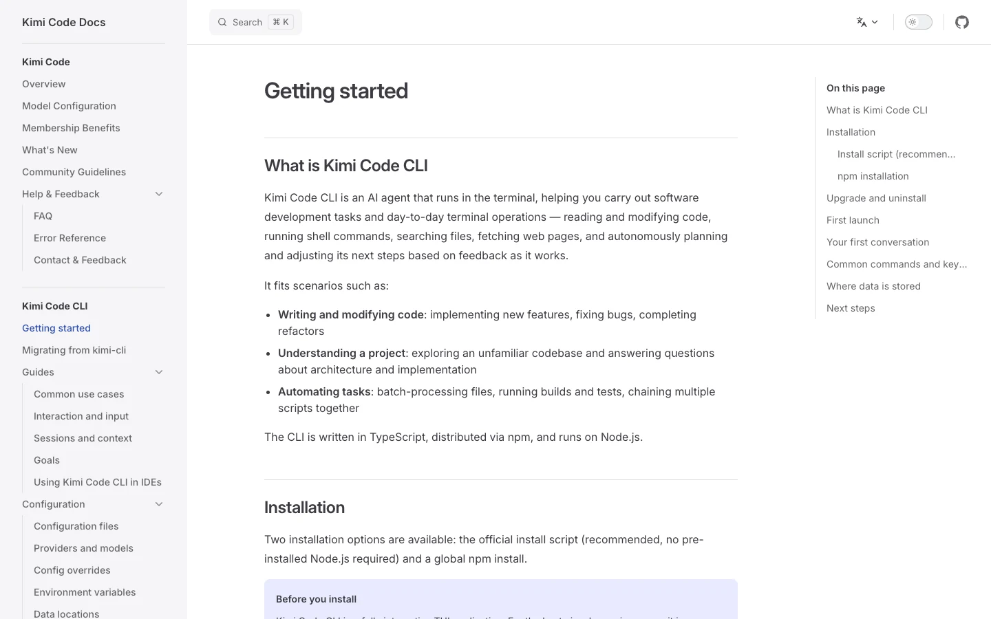 Kimi Code official getting-started page introducing CLI setup and installation options