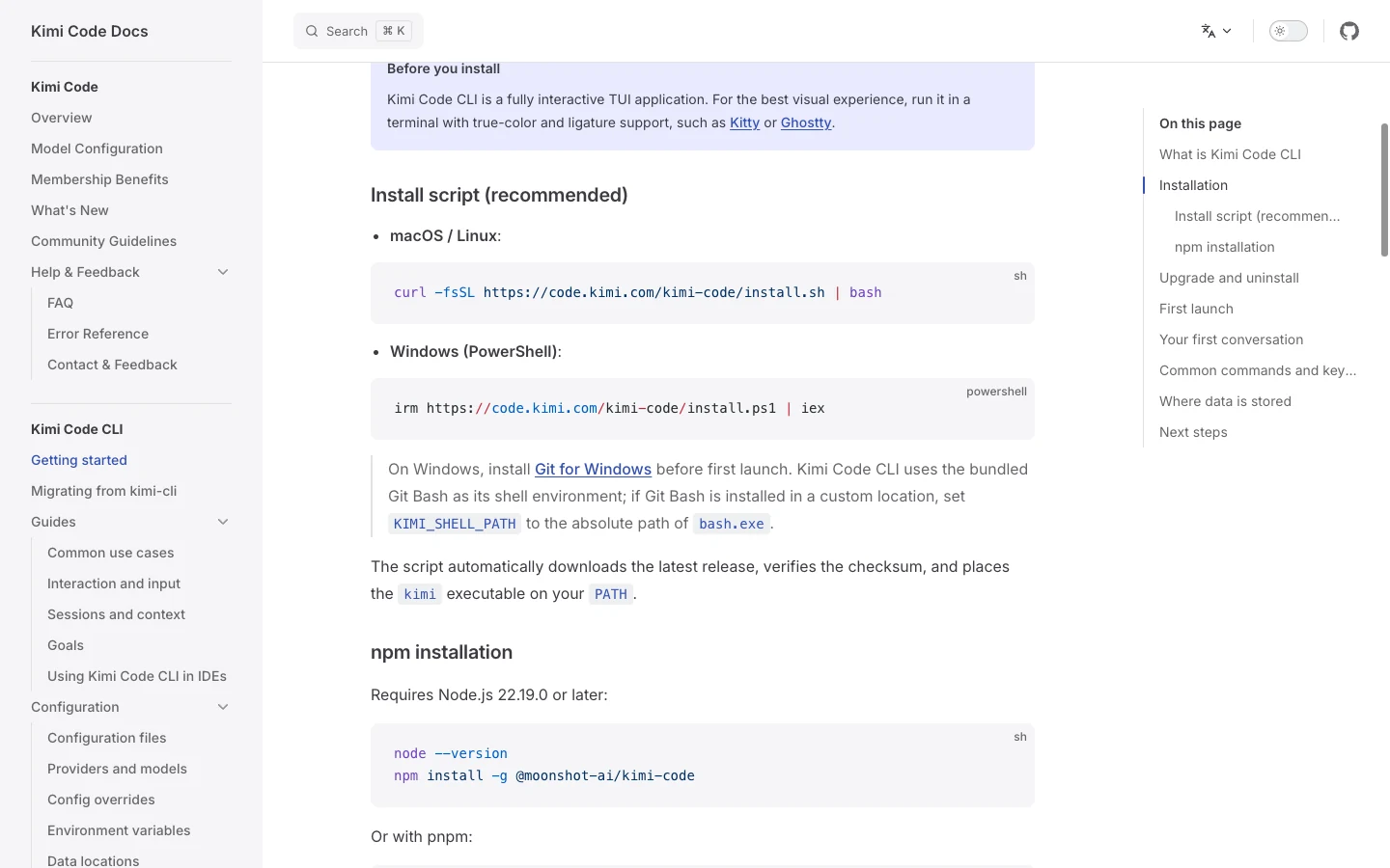 Kimi Code official installation documentation showing macOS, Linux, Windows, and npm commands