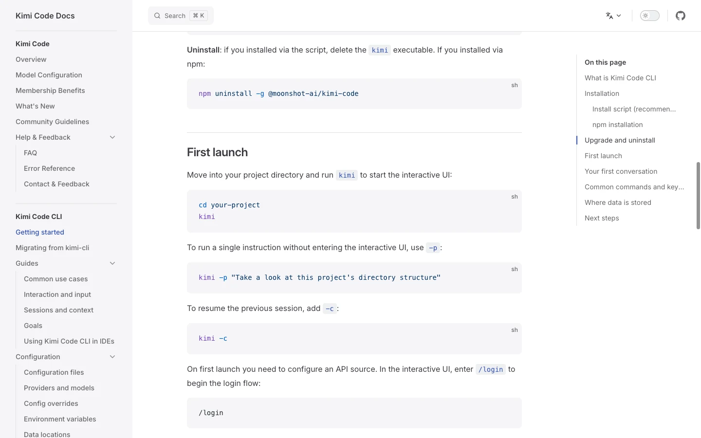 Kimi Code official first-launch documentation showing project startup and initial commands