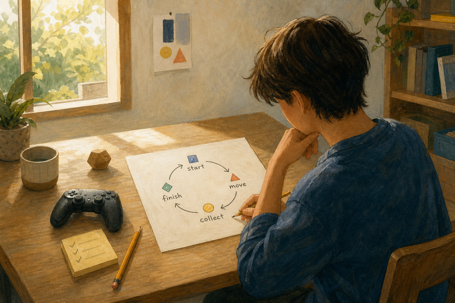 A beginner planning a small game loop with a simple checklist.