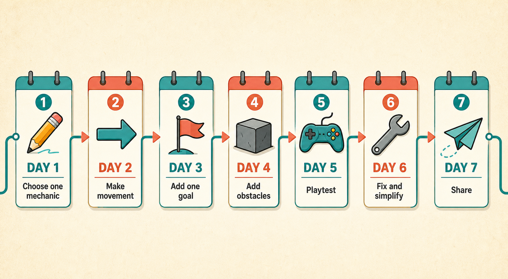 A seven-day plan for building and testing a first small game.