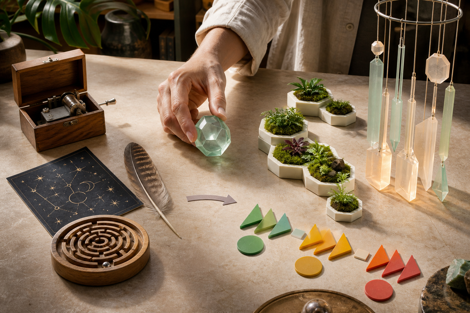 A creator transforms broad inspiration objects into a new geometric character, floating-garden world, and original movement language.