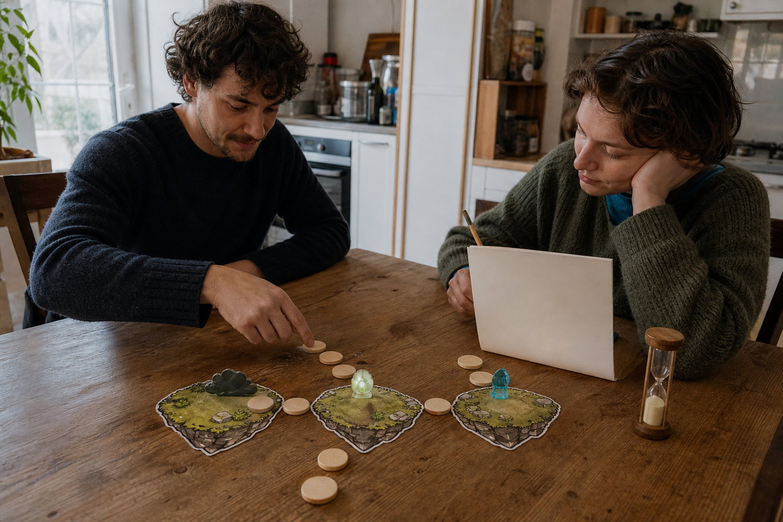 Two people conduct one short paper-prototype playtest with original tokens, floating-garden tiles, and a sand timer.