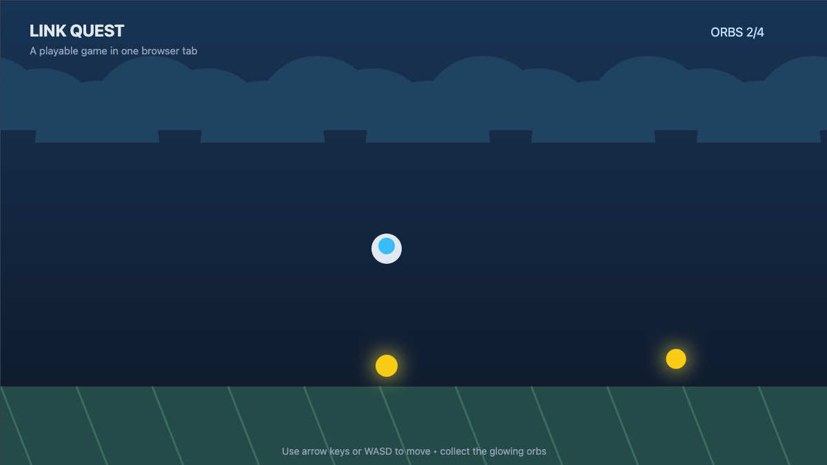 Link Quest browser game with two of four glowing orbs collected