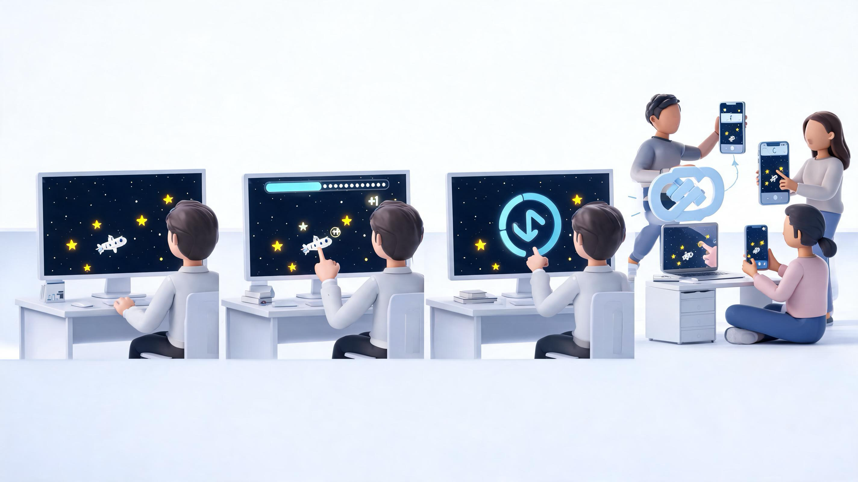 A small arcade game moves through creation, testing, finishing, and sharing across several devices.