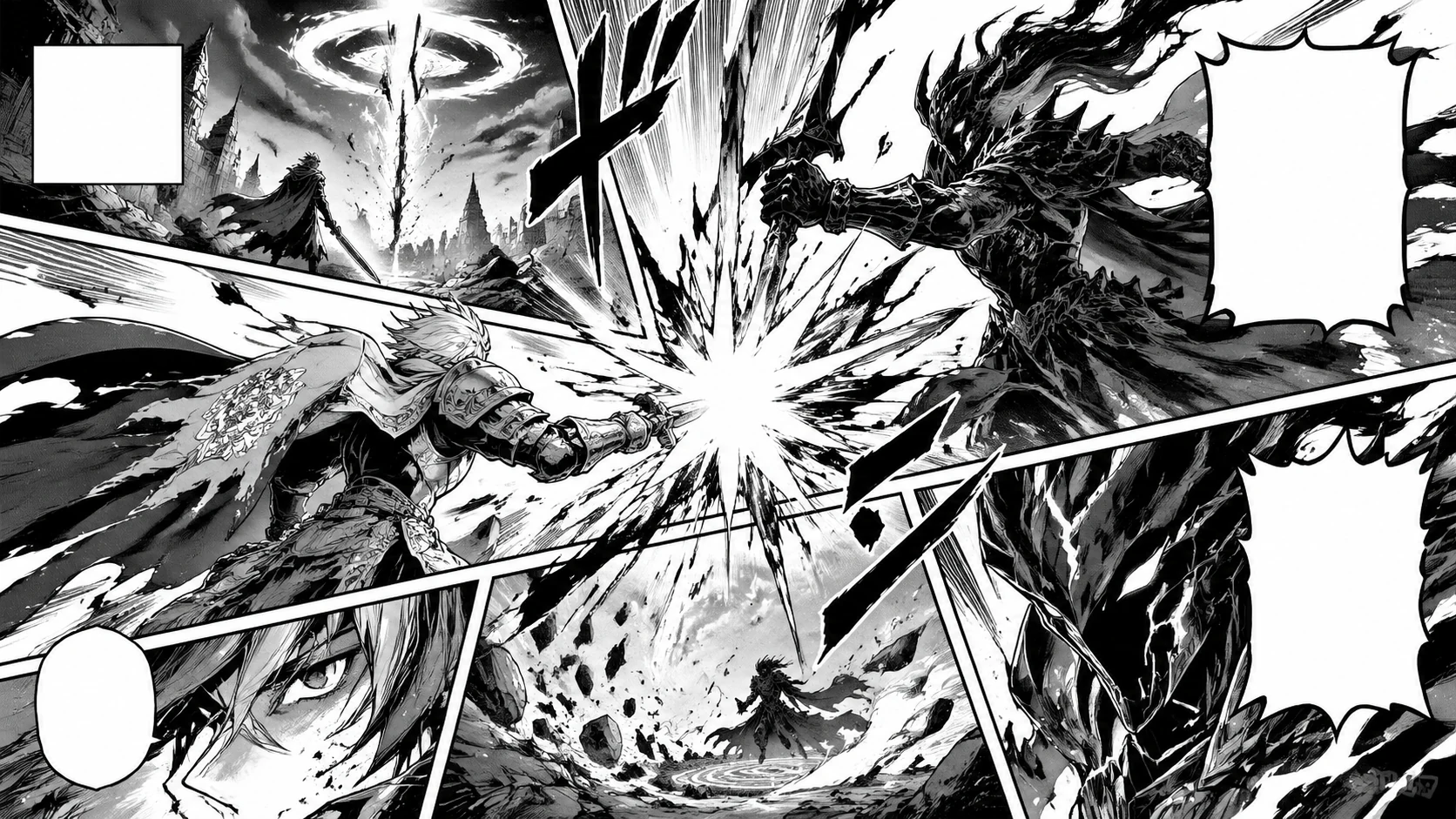 Fantasy battle manga panel layout