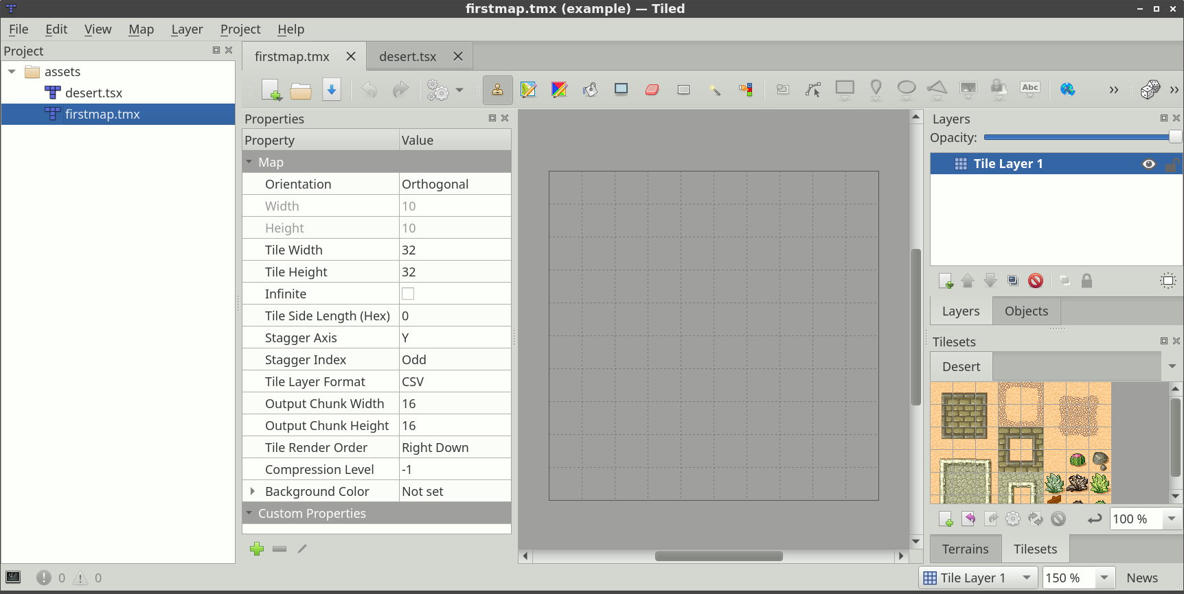 Authentic Tiled level-editor window with map dimensions, output settings, tile layer, tileset, and grid preview visible