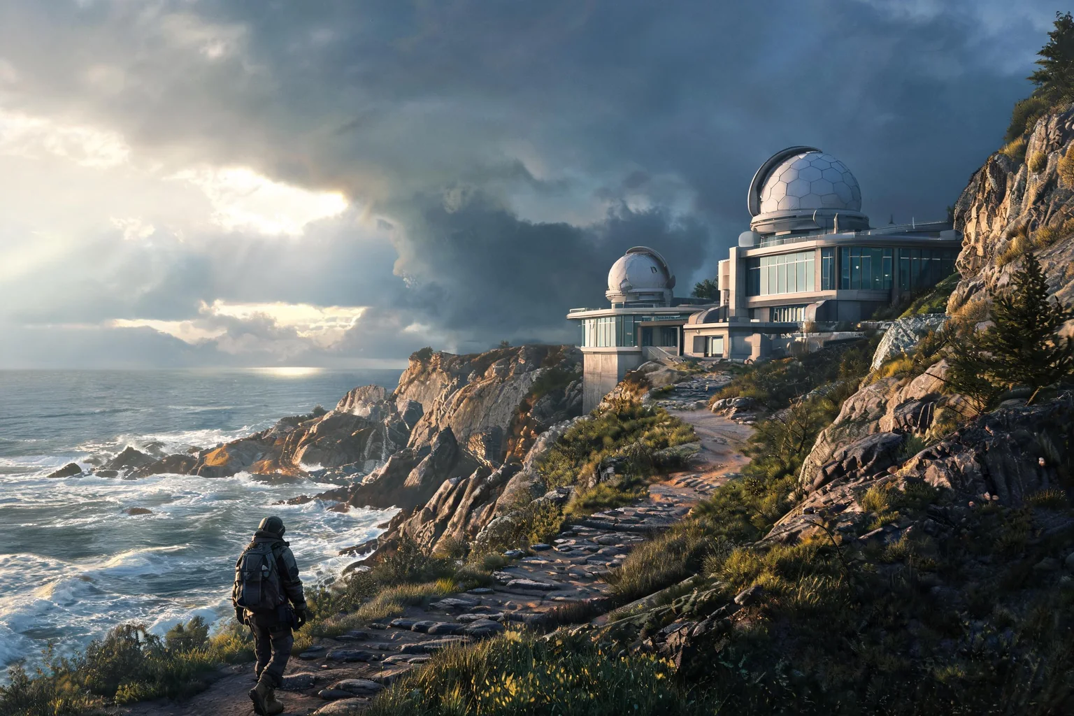 マルチモーダル動画の方向性からプレイ可能な三人称シーンへ進む沿岸 SF Unreal ゲーム世界の編集的コンセプト