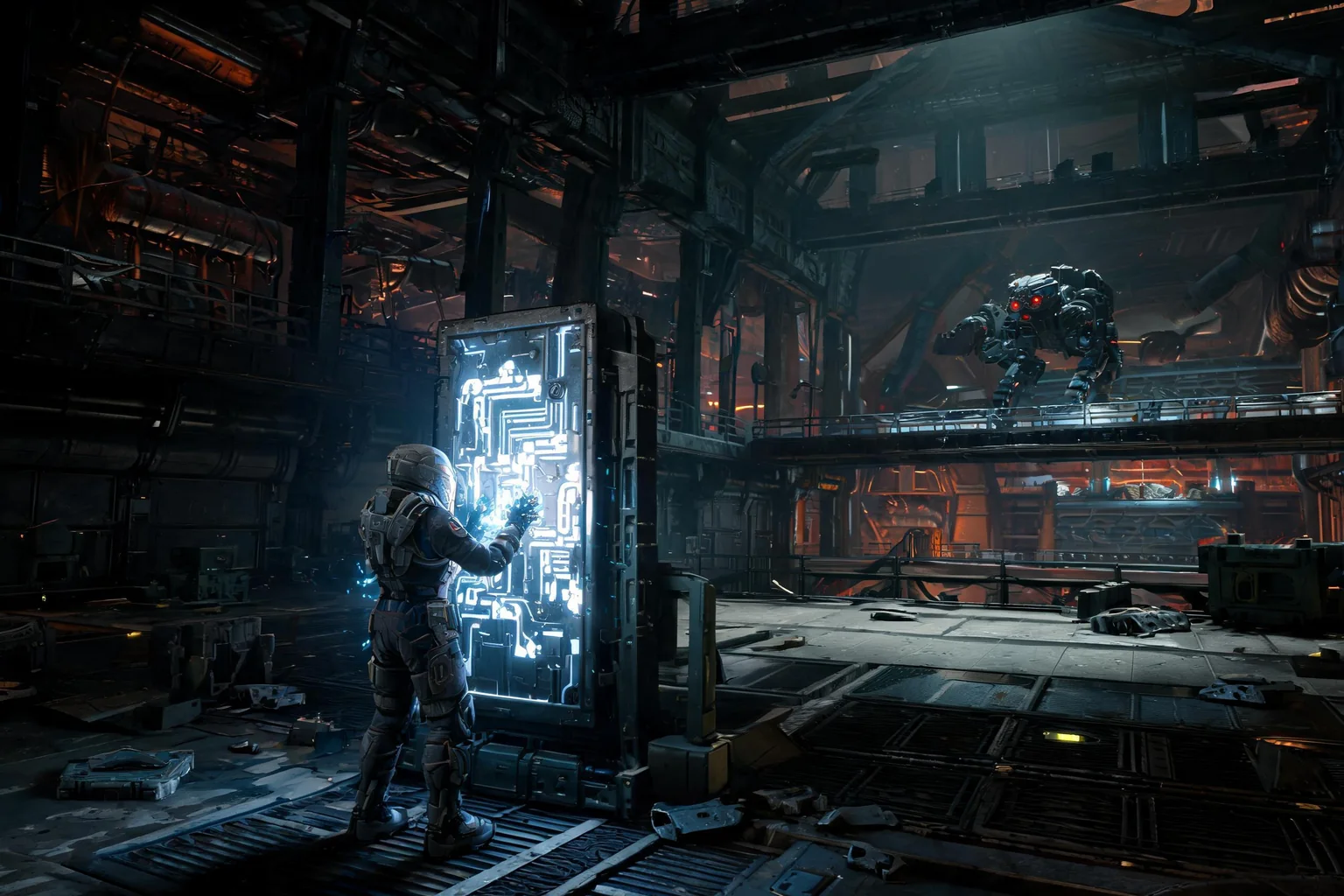 Editorial concept of a third-person science-fiction salvage game with a power-relay objective in a readable Unreal-style environment