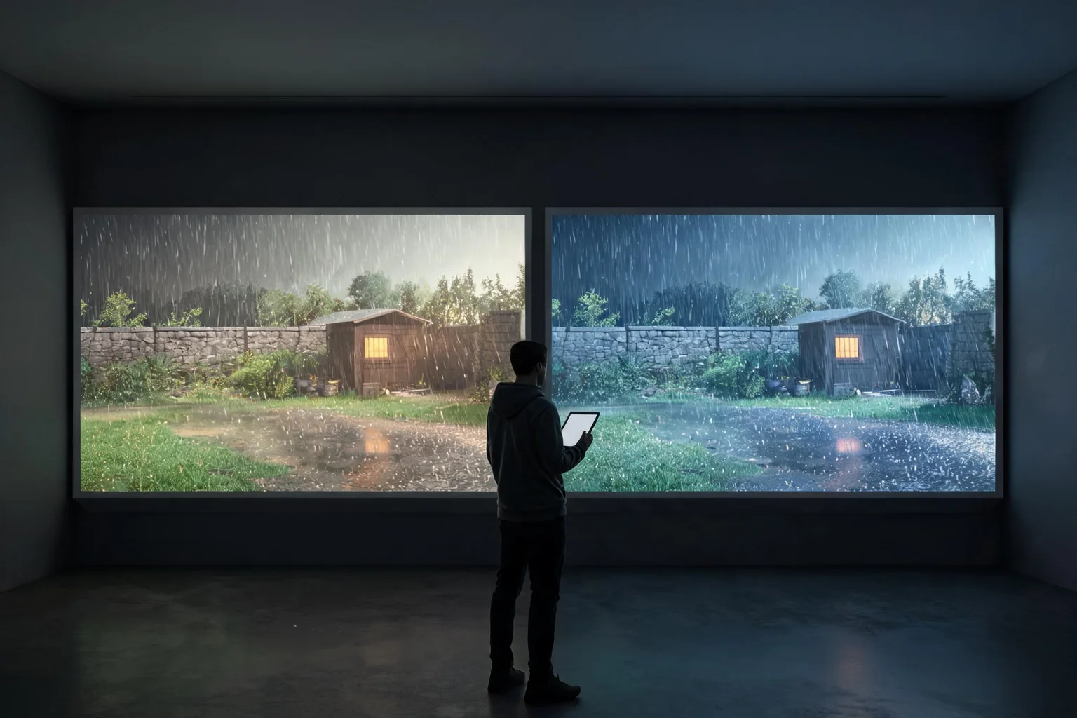 Editorial comparison concept showing two matched AI-video interpretations of the same stealth-game scene before Unreal validation