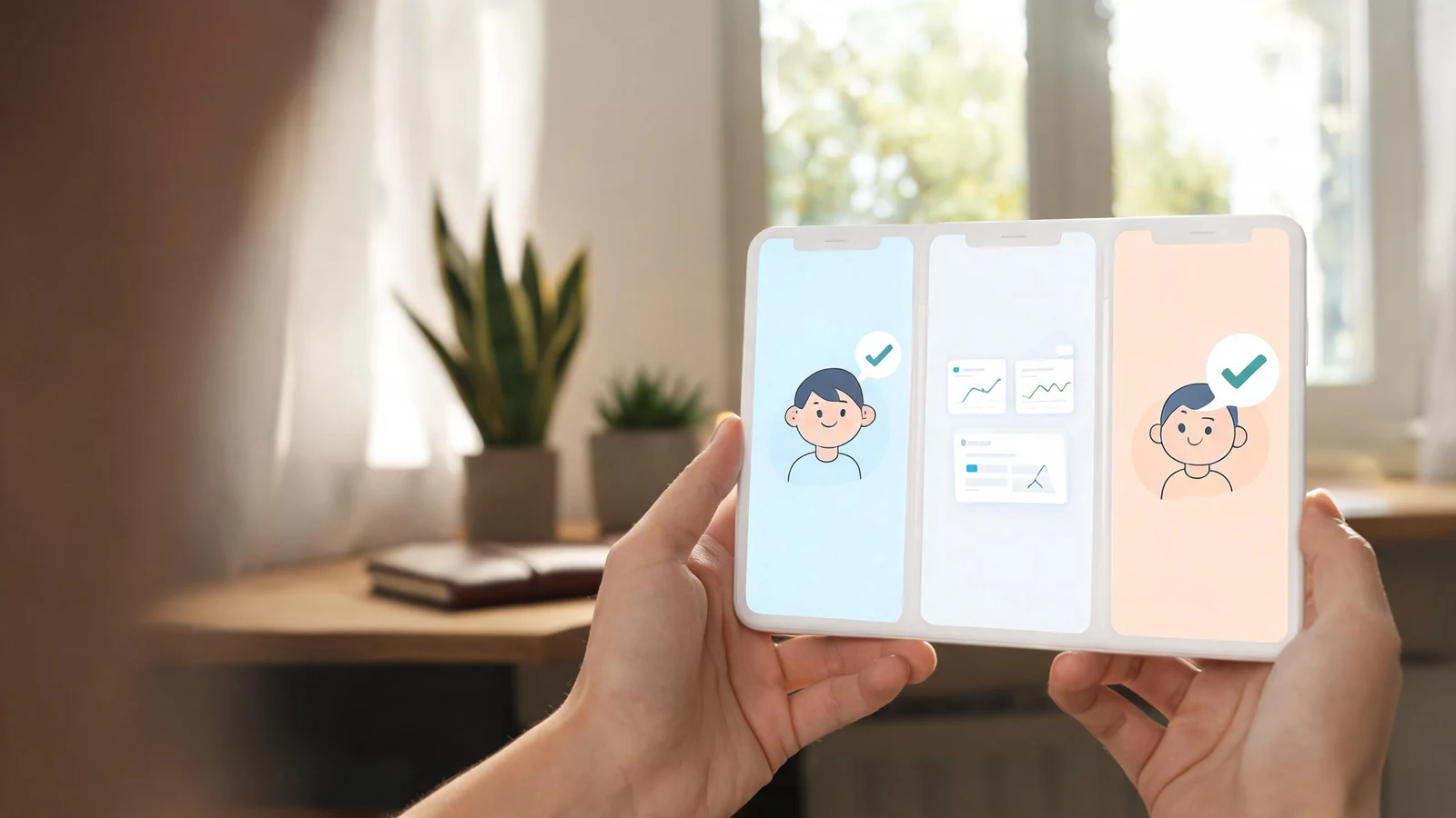 Wide-scene mobile app onboarding visuals visual with strong foreground and background separation