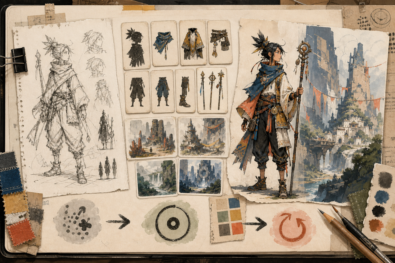 An original character design sheet, editable scene concepts, and movement, goal, and restart symbols show a practical remix workflow toward an original game world.