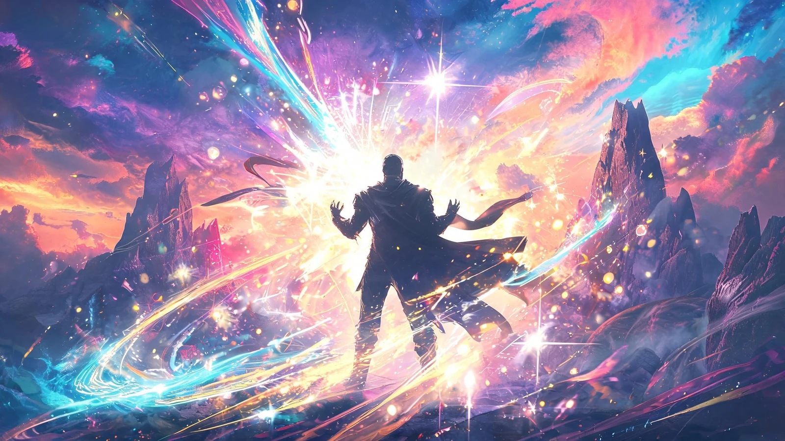 Fantasy mini-game campaign key art with a silhouetted hero in a vivid magical landscape