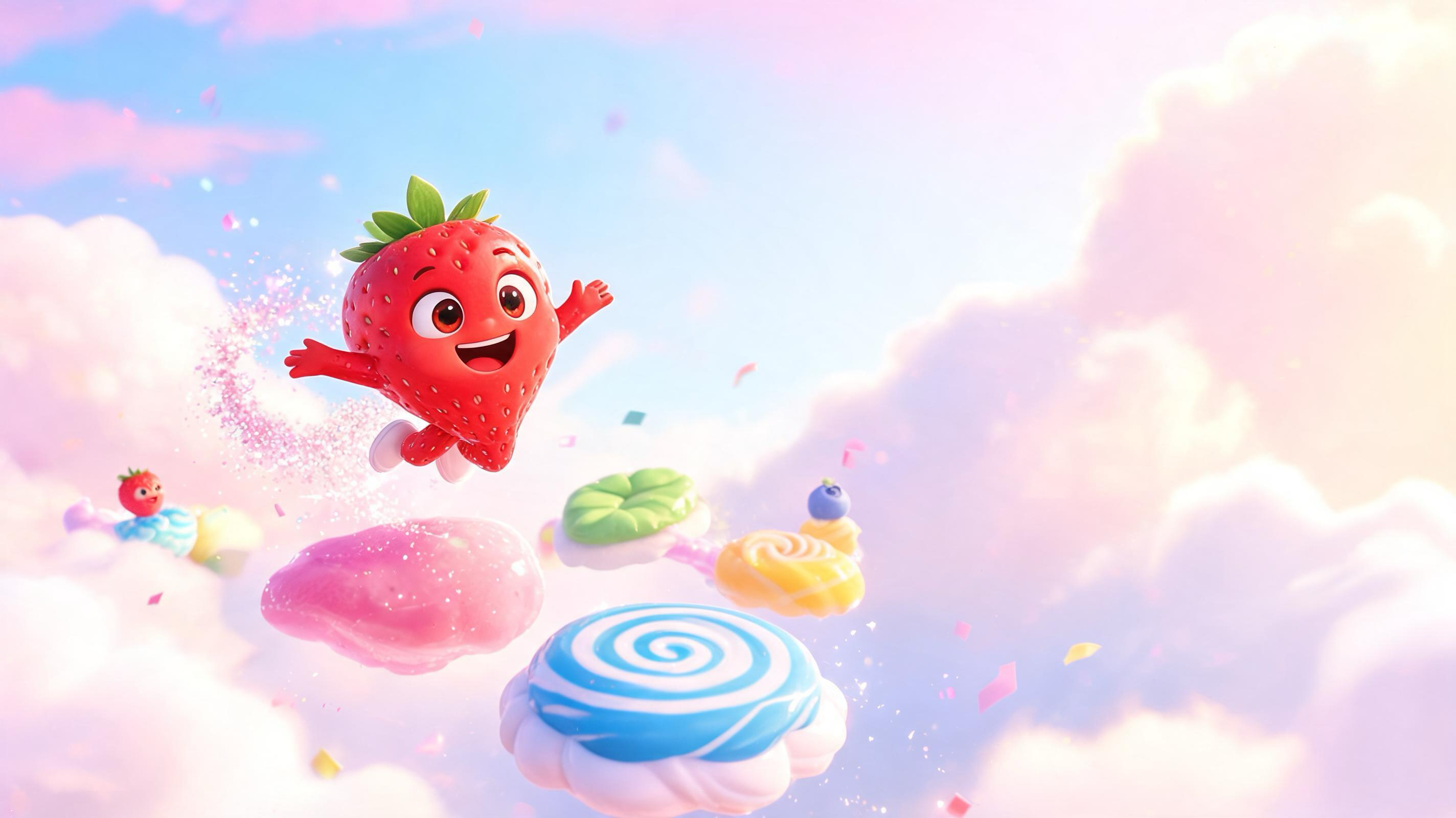 Generated Berry Bounce mini-game key art with a strawberry hero jumping across candy platforms