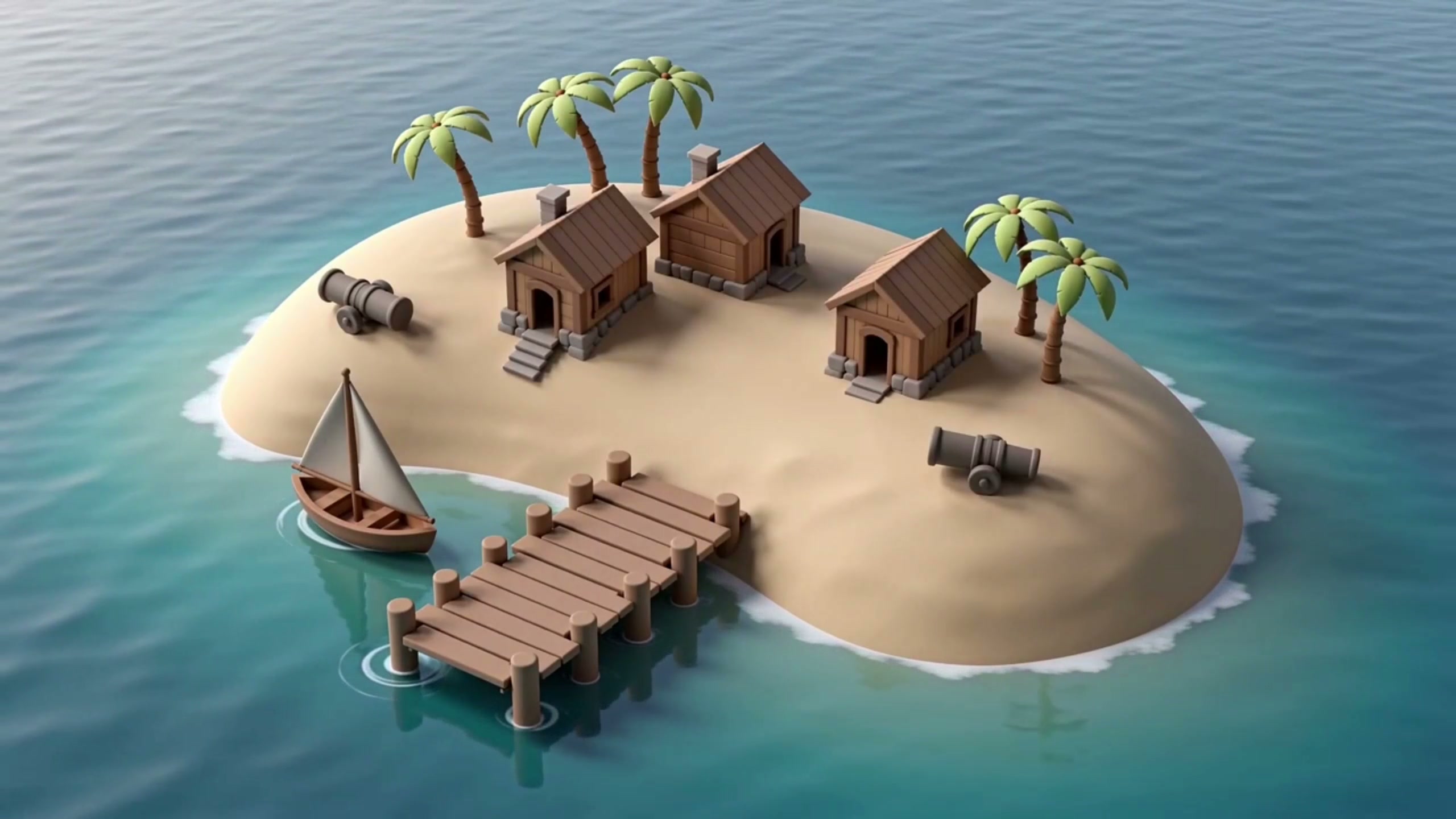 Authentic SEELE capture showing a stylized island scene with brown buildings, palm trees, surrounding water, a pier, and a boat