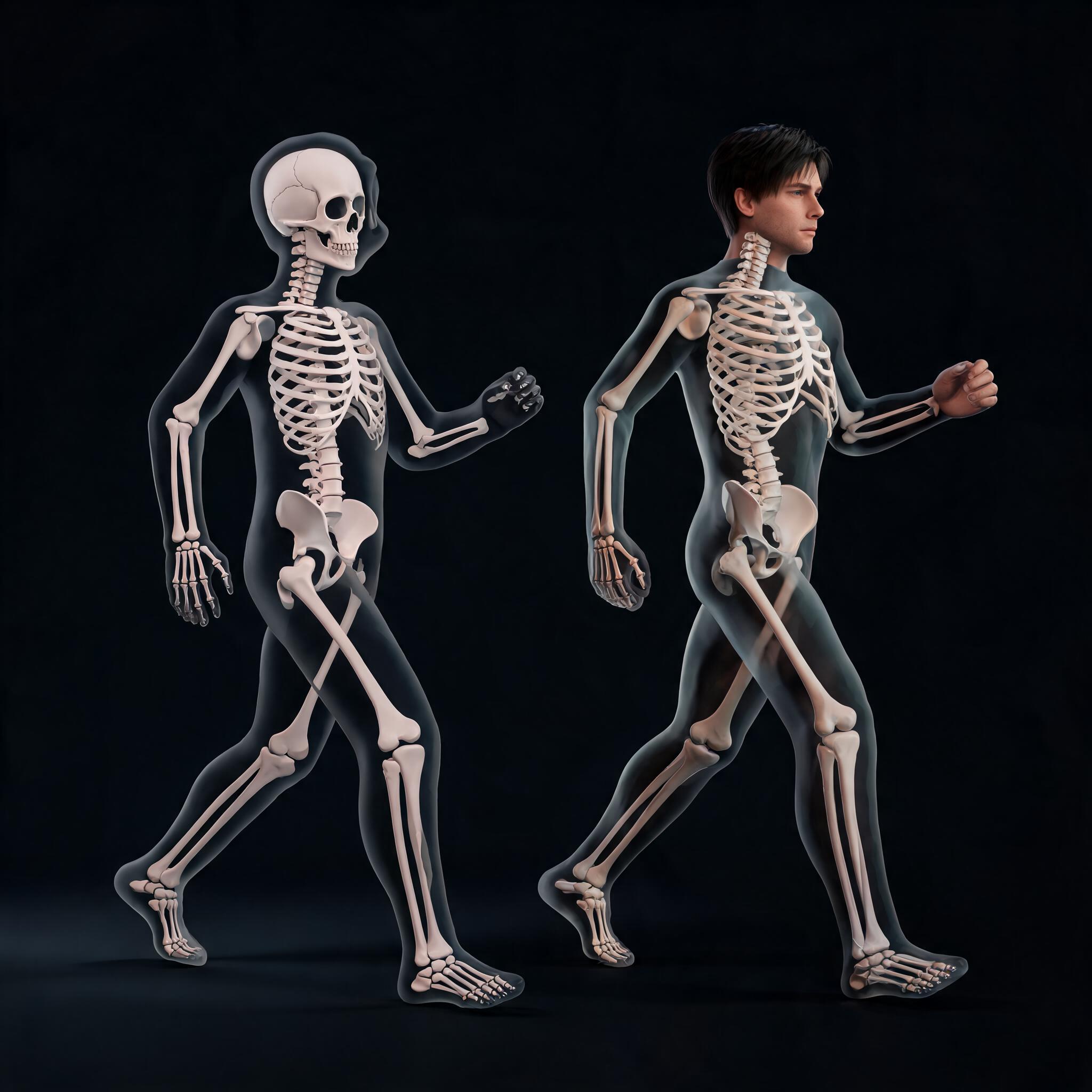 Two humanoid characters with visible skeletons holding the same walking pose for retargeting comparison