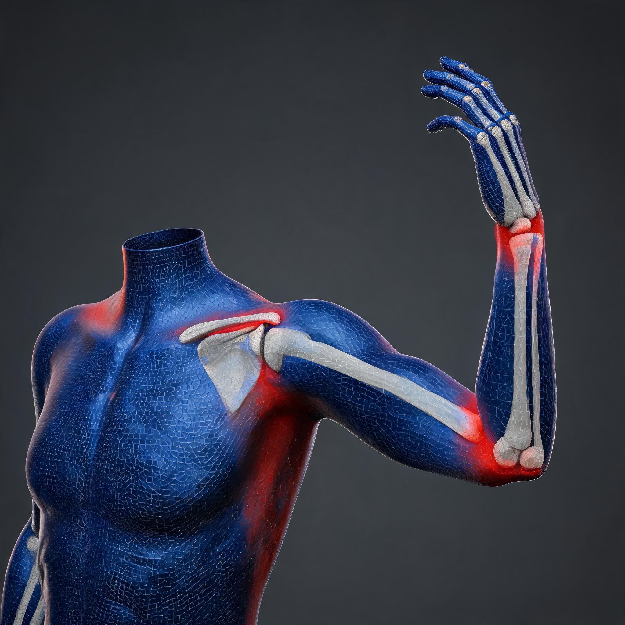 Raised character arm with visible bones, mesh topology, and red-blue skin-weight influence regions