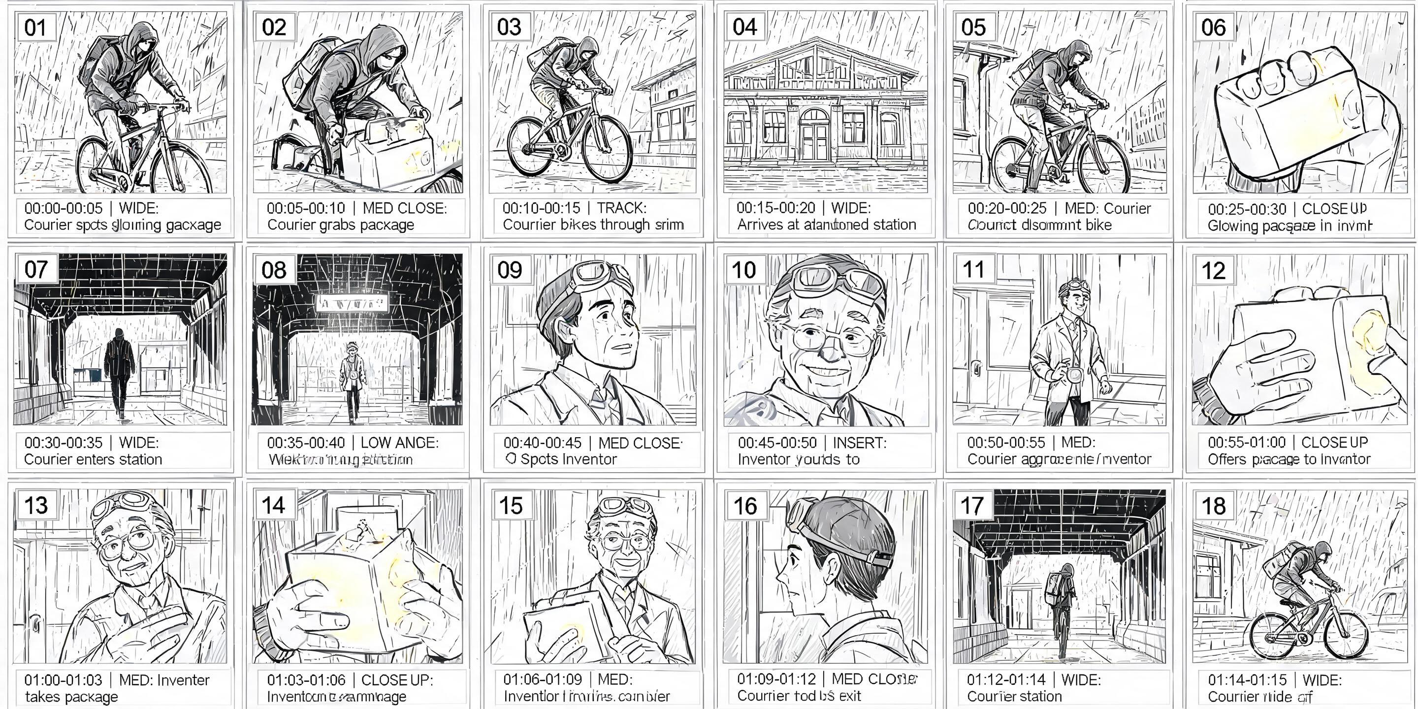 AI-generated 18-shot black-and-white comic storyboard sample with numbered panels, time ranges, camera notes, and courier continuity