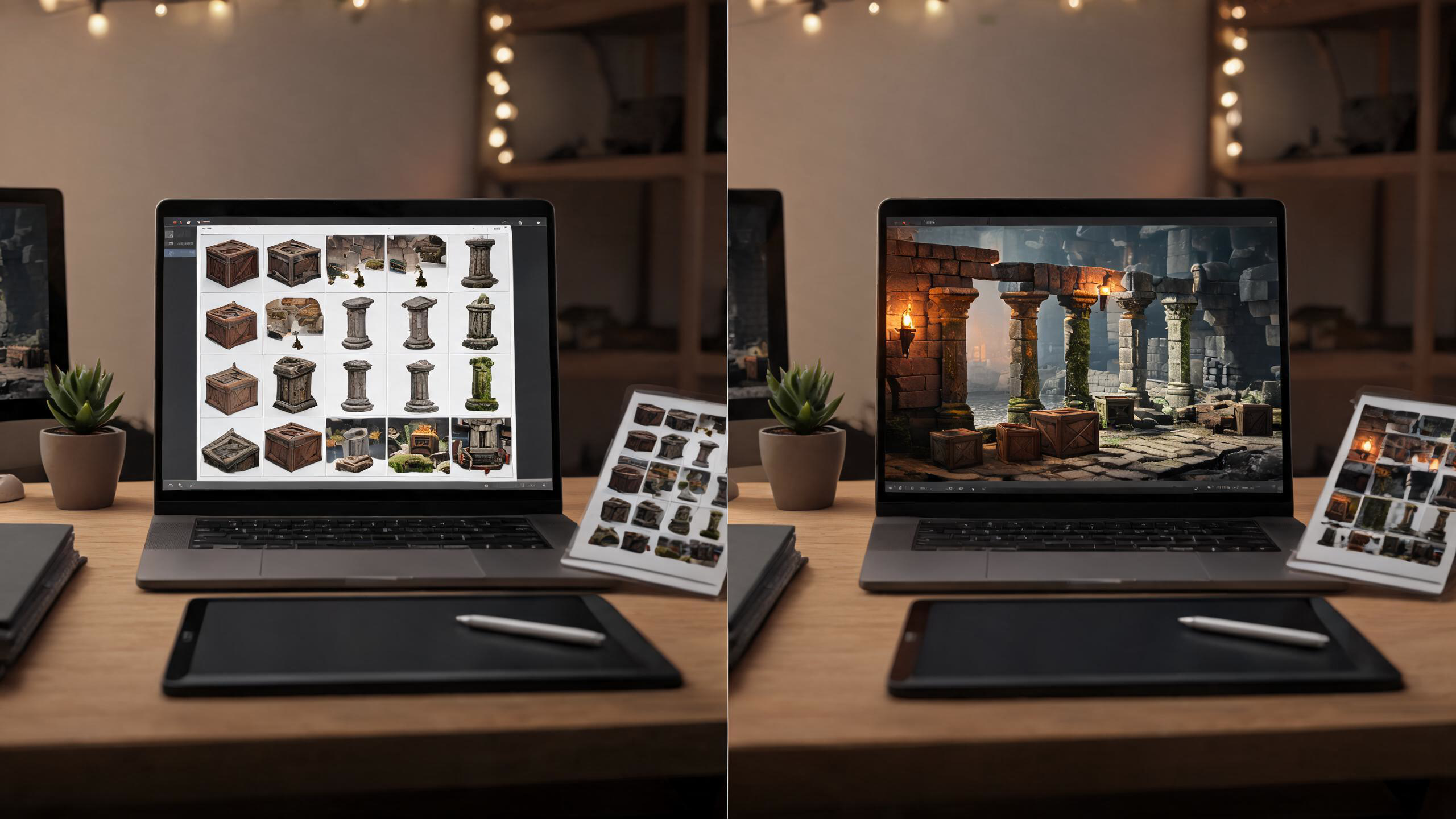 Curated game-asset catalog beside a representative game scene using the assets.