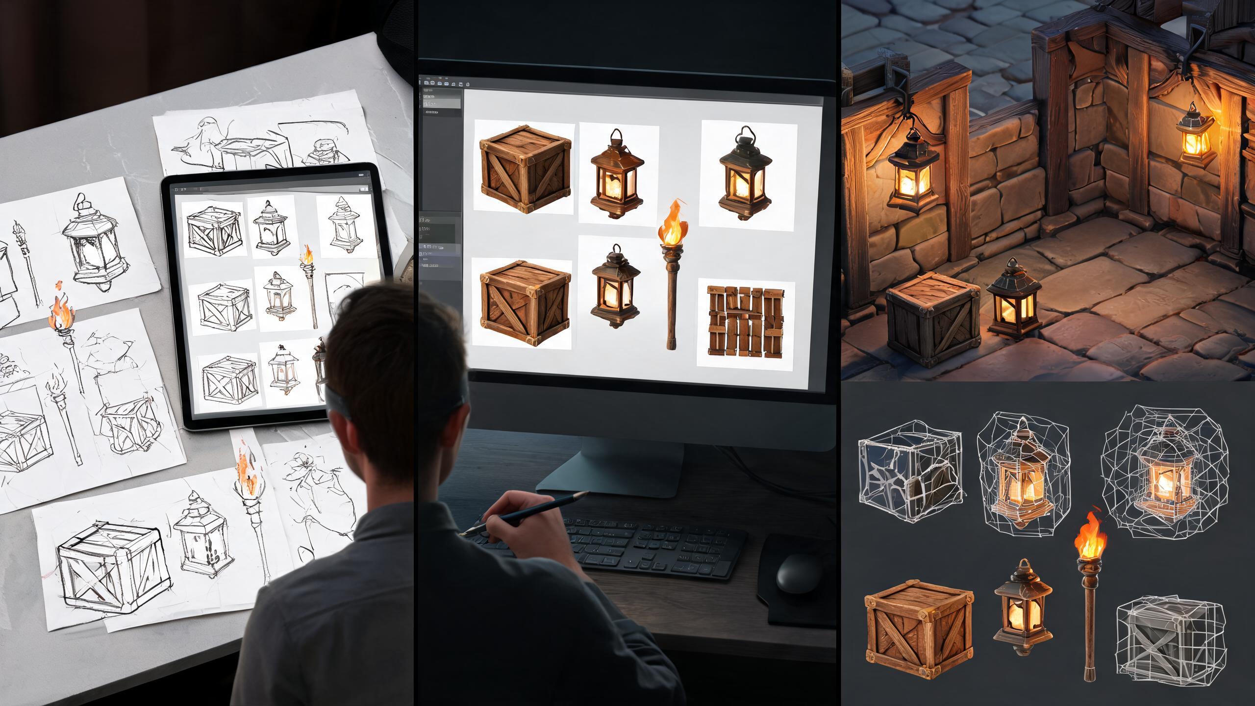 Three-stage progression from rough AI-assisted sketches to curated game-ready asset variants.