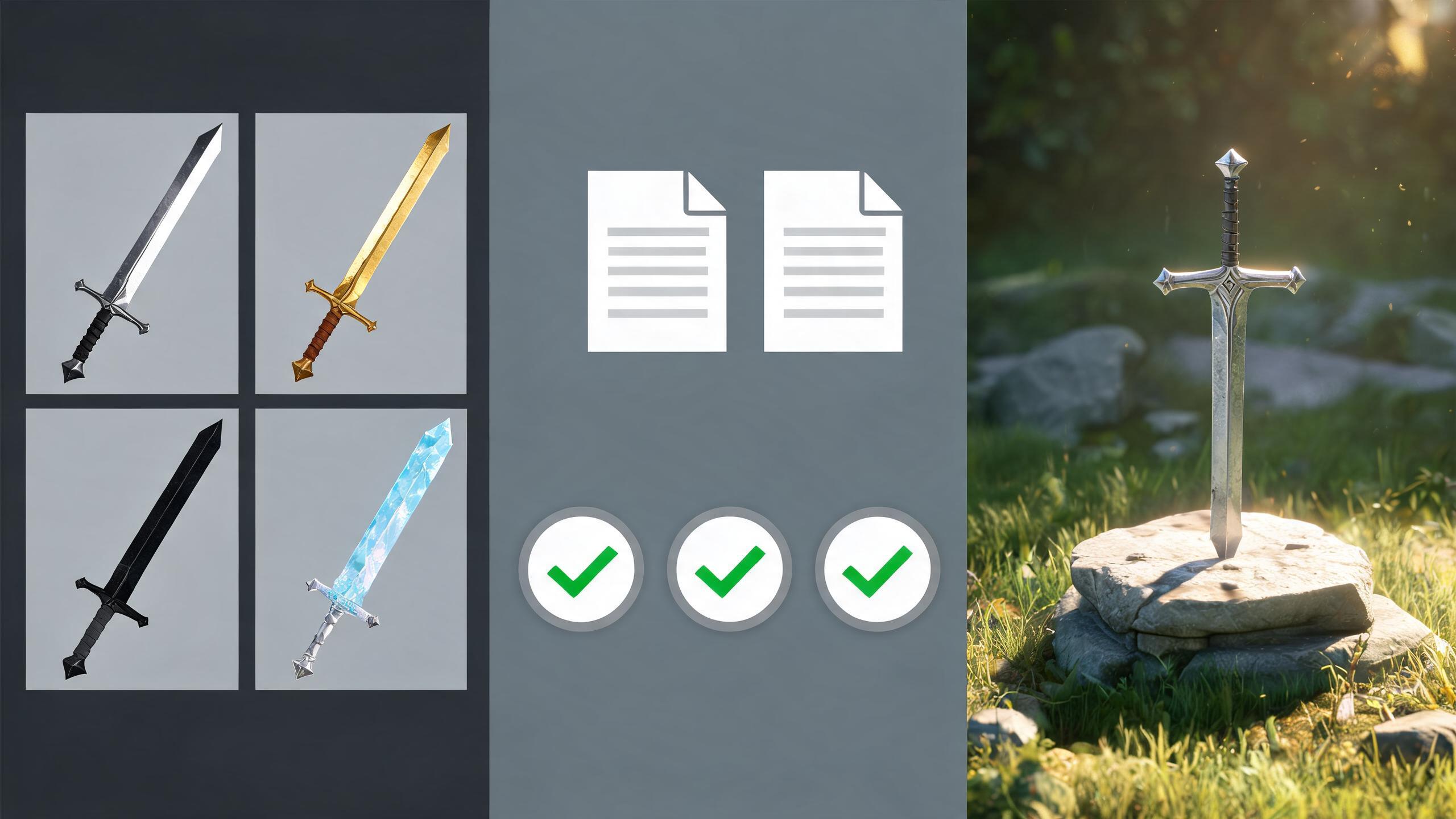 Sword asset variants alongside package documentation and QA approval checks.
