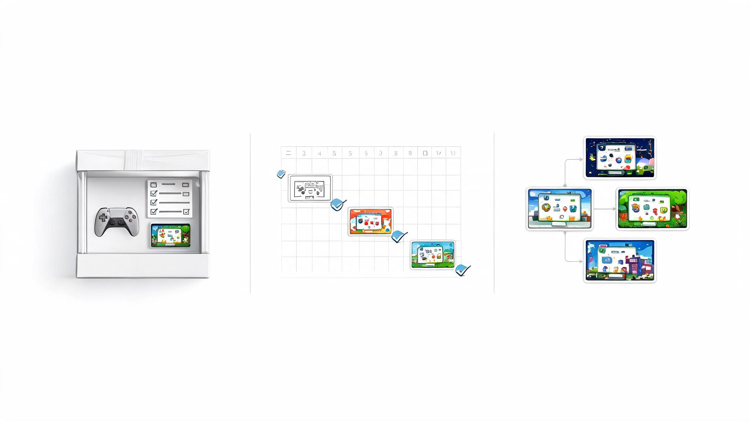 Approved branded mini-game moving through a rollout calendar to checked device placements.