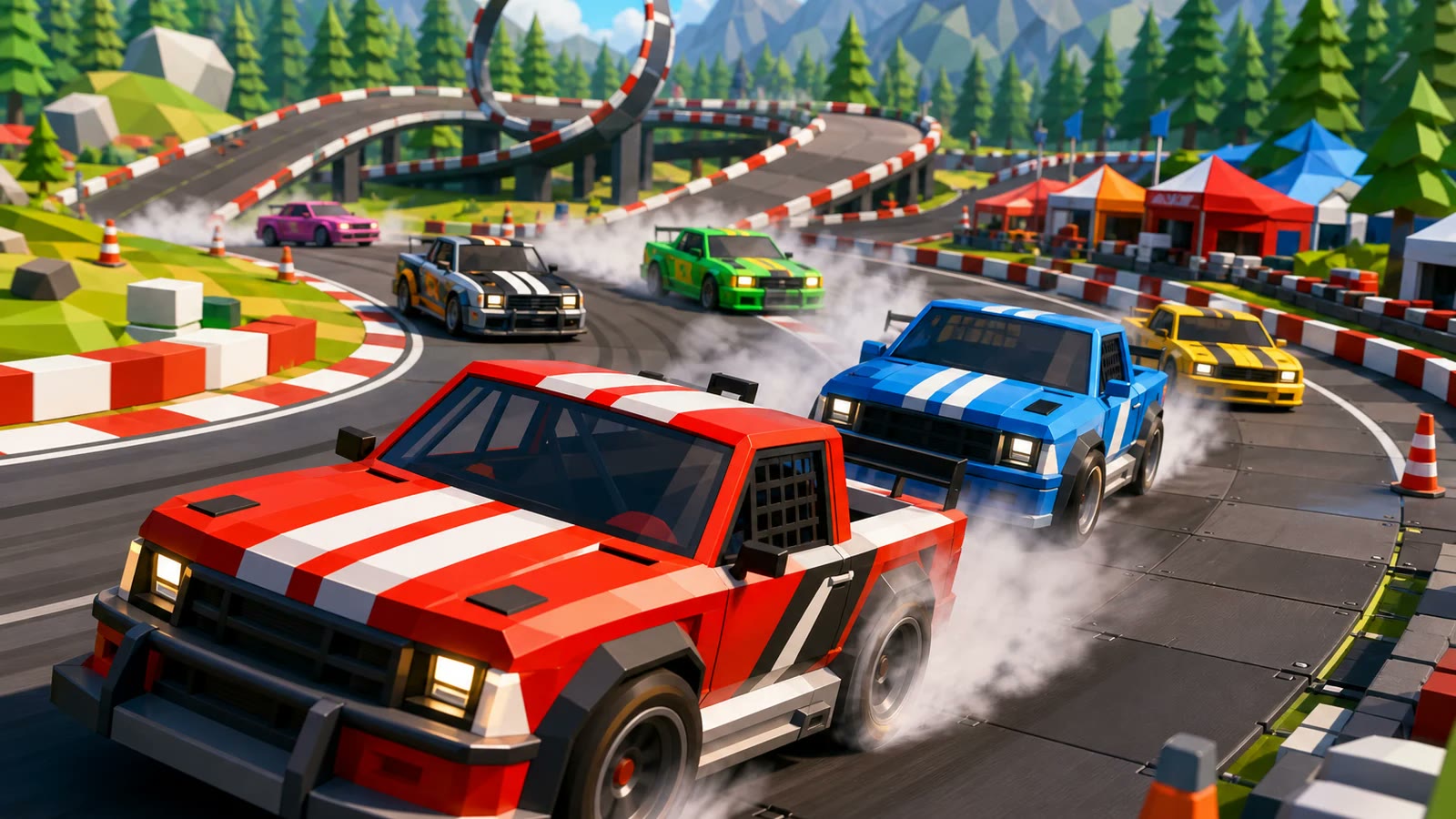 Low-poly racing cars drifting through a mountain circuit with red-and-white barriers