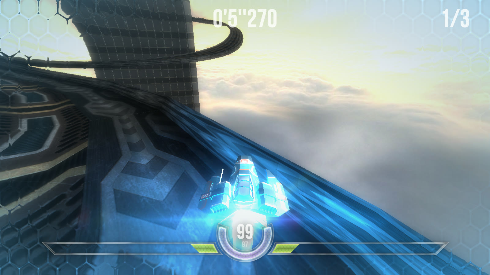 HexGL gameplay running in a web browser, with a racing craft on a 3D track and visible race timer