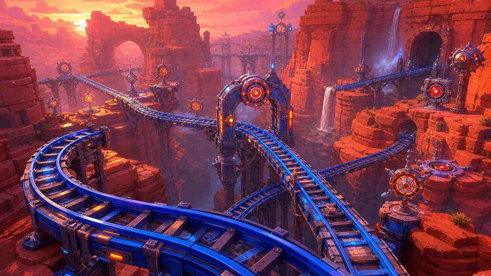 Physical rail-shooter level kit with track bends, target gates, bridges, tunnels, and target props arranged coherently