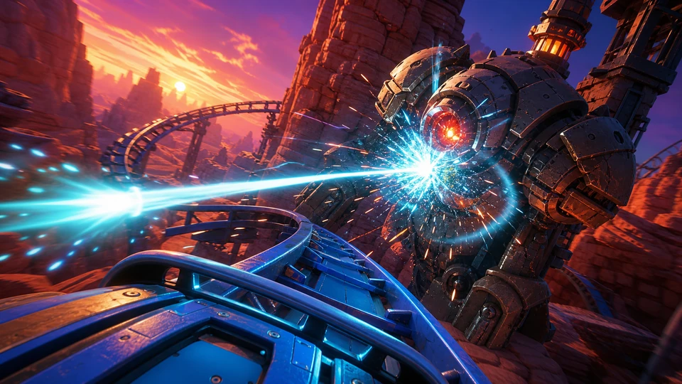 Close action view of a projectile striking an armored target as the coaster banks, readable impact