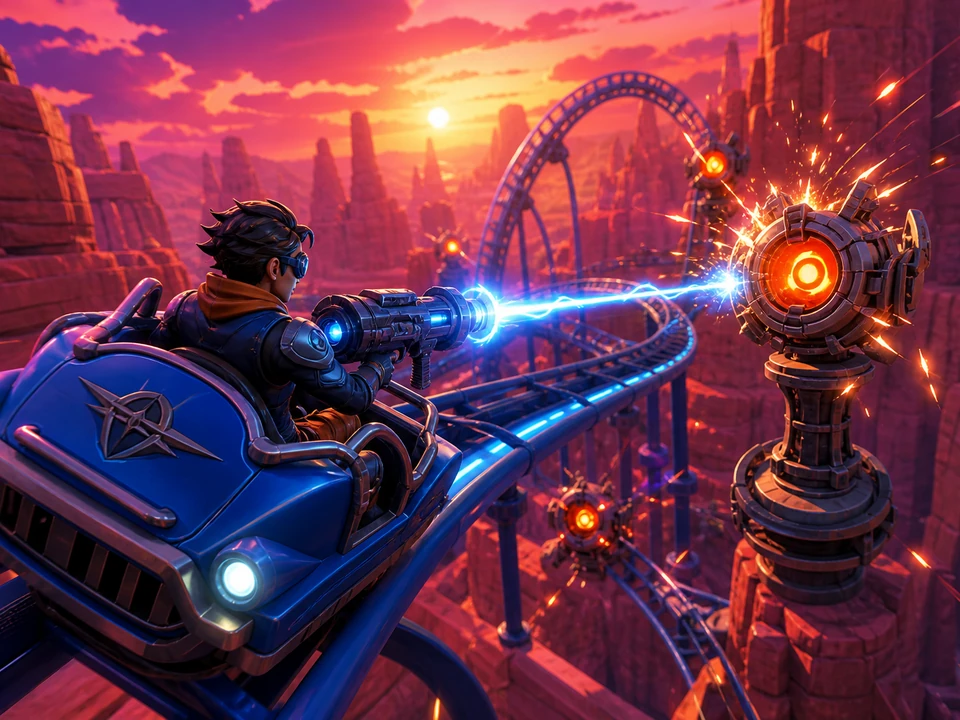 Pilot in a cobalt coaster car firing at mechanical targets along a neon canyon rail, fast readable action